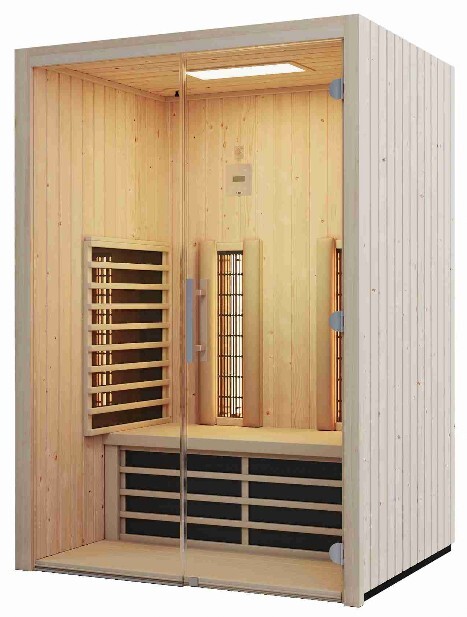 Infrarotsauna Fusion Glas 145 Fichte RG rechts Infrarotsauna Fusion Glas 145 Fichte RG von schräg rechts gesehen