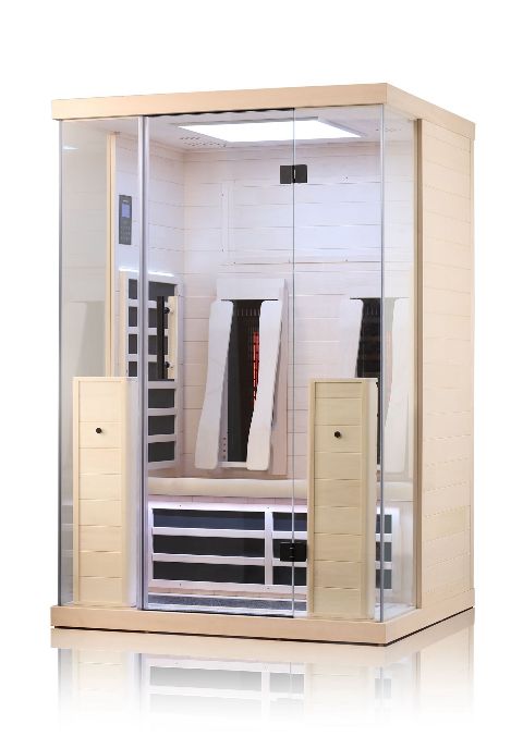 Infrarotkabine Bali für zwei aus hellem Espenholz Moderne Infrarotsauna aus hellem Espenholz, mit Glasfront und Seitenfenstern
