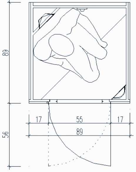 Grundriss und Abmaße Infrarotkabine MiniMax 89x90 cm, genial genutzt. Viel Platz, viel Beinfreiheit.